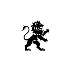 Fototapeta premium A bold heraldic lion silhouette stands on its hind legs with flowing mane, curved tail, and raised claws, drawn in classic medieval emblem style on a white background.
