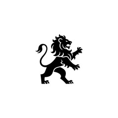 A bold heraldic lion silhouette stands on its hind legs with flowing mane, curved tail, and raised claws, drawn in classic medieval emblem style on a white background. © Kotliar Ivan