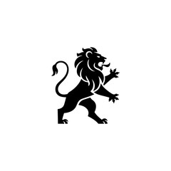 Obraz premium A bold heraldic lion silhouette stands on its hind legs with flowing mane, curved tail, and raised claws, drawn in classic medieval emblem style on a white background.