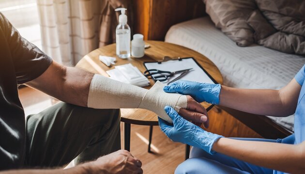 Medical professional applying a bandage to an injured man's arm in a home setting, providing first aid and care, health and wellness, first aid and medical care