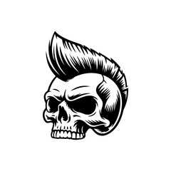 Obraz premium A fierce punk skull with a tall spiky mohawk, deep eye sockets, and gritted teeth is illustrated in bold black and white tattoo style on a clean background.
