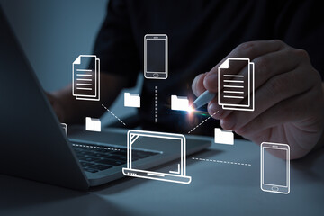 Backup File. businessman using stylus to interact with cloud computing interface on laptop computer, cloud computing, backup storage management, artificial intelligence, network technology concept