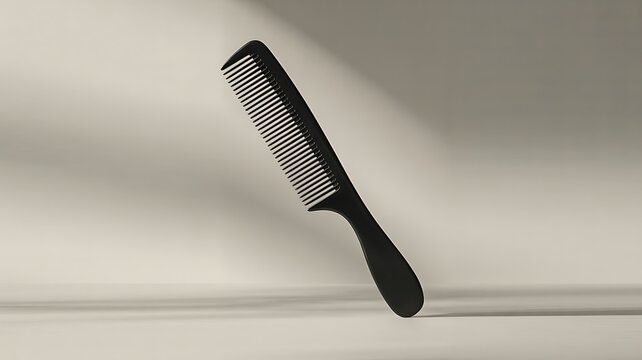 Black plastic hair comb isolated on light minimal background
