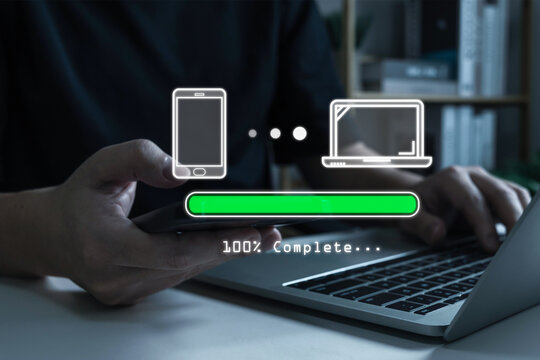 File Transfer. people send file document from mobile smart phone to laptop computer backup to storage, backup storage management, artificial intelligence, cybersecurity, network technology concept