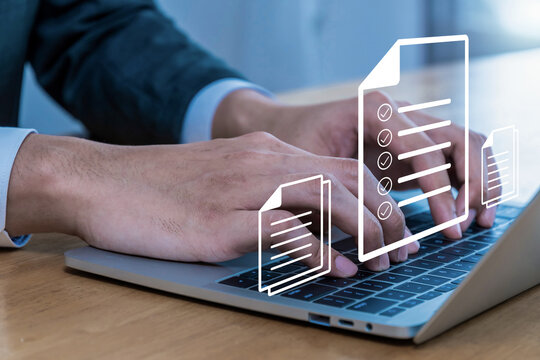 Document management system. businessman working on laptop computer backup file document to cloud storage, backup storage management, cybersecurity, artificial intelligence, network technology concept