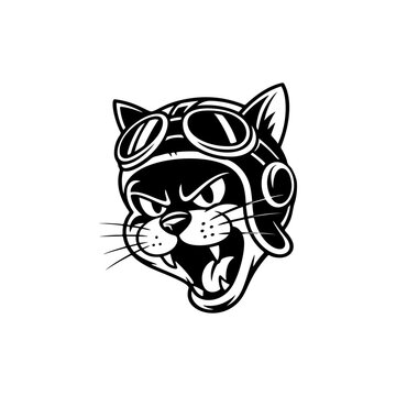 A playful biker cat mascot wearing vintage aviator helmet and goggles, perfect for moto club logos, garage branding, stickers, patches, t‑shirt prints and retro racing posters.