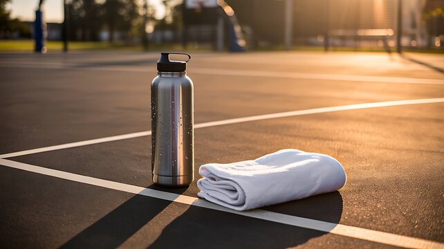 Reusable water bottle and towel placed on outdoor sports court at sunset
