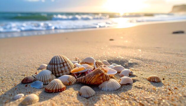 Conchas marinas sobre arena dorada en la orilla del mar con luz c&aacute;lida
