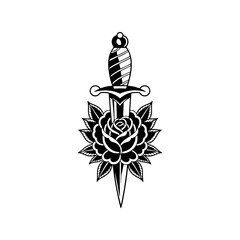 A classic dagger pierced through a blooming rose, perfect for tattoo flash sheets, apparel prints, sticker packs, biker designs, band merch and bold romantic or vintage branding.