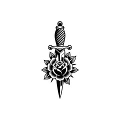 A classic dagger pierced through a blooming rose, perfect for tattoo flash sheets, apparel prints, sticker packs, biker designs, band merch and bold romantic or vintage branding.