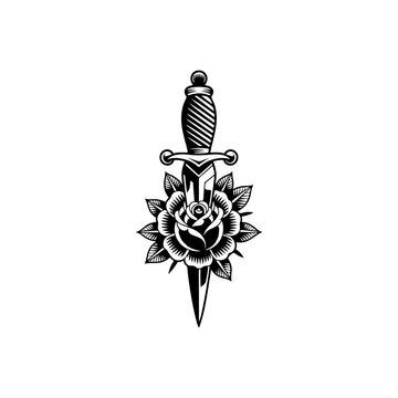 A classic dagger pierced through a blooming rose, perfect for tattoo flash sheets, apparel prints, sticker packs, biker designs, band merch and bold romantic or vintage branding.