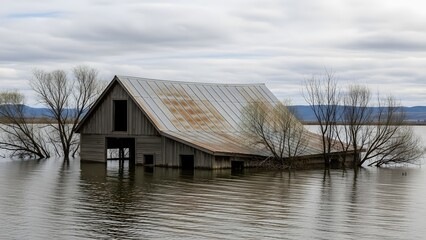 Flooded rustic wooden barn partially submerged in water with leafless trees and overcast sky