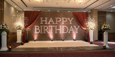 Elegant celebration setup, subtle sparkles, rich tones, balanced composition, &ldquo;HAPPY BIRTHDAY&rdquo; written in stylish decorative typography, classy festive feel