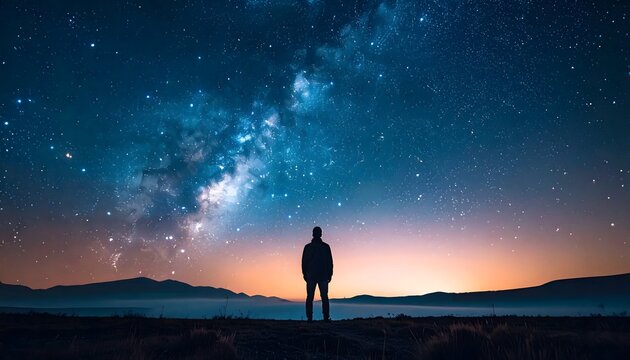 Silueta de una persona bajo la V&iacute;a L&aacute;ctea en un paisaje nocturno con cielo estrellado