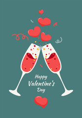 Valentine's Day card. Glasses of champagne and red hearts.