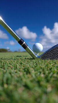 golf swing shot, a dynamic pov shot captures the golfers backswing against a vibrant blue sky, emphasizing the clubs texture and the lush green grass