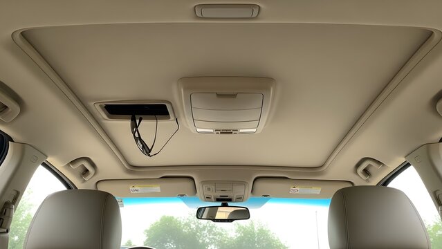 Interior view of beige car ceiling with open overhead console and rearview mirror