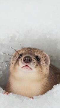 Vertical video: Peeking brown stoat lifting head from compacted snow rim, showing whiskers and paws