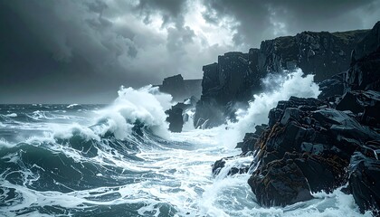 Powerful ocean waves splash against the rocky coast as a big storm brew over the dark sea under a cloudy sky