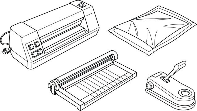 Outline illustration set of 4 laminator tools laminating machine pouch trimmer and corner rounder