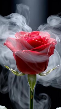 Red Rose and Smoke - A red rose blossom with water droplets is enveloped in white smoke, set against a dark background.
