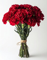 Obraz premium Bunch of Vibrant Dark Red Carnations Wrapped with Jute String on White Background