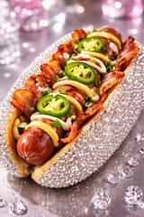 Indulge in a hot dog featuring crispy bacon, sliced jalape&ntilde;os, and creamy toppings.