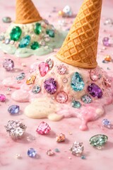 Ice cream cone overturned, melting, adorned with colorful gemstones and pearls.