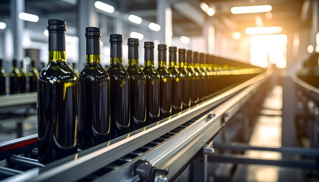 Producci&oacute;n industrial de botellas de vidrio en l&iacute;nea de embotellado moderna