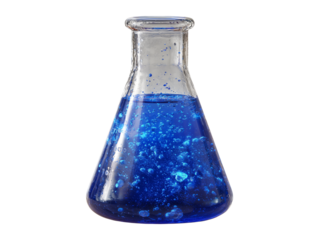 Laboratory flask with blue bubbling liquid isolated on transparent or white background, png