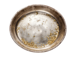 Panning for gold in a rustic metal pan isolated on transparent or white background, png