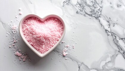 Fototapeta premium Heart Shaped Bowl Filled With Pink Sugar on Marble Background Flat Lay