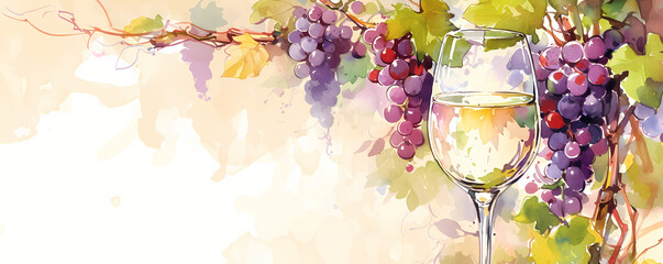Obraz premium Watercolor wine banner with glass of white and red grape. Harvest wine production and tasting. Vine crop for organic viticulture. Banner with copy space