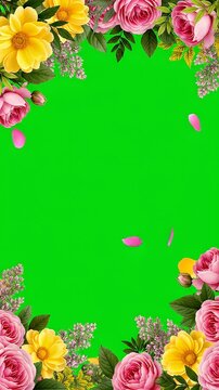 Floral Frame Green Screen - A vibrant green screen framed with pink roses and yellow flowers. Petals are scattered throughout the frame.