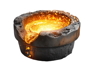 Stone crucible with molten glowing metal isolated on transparent or white background, png