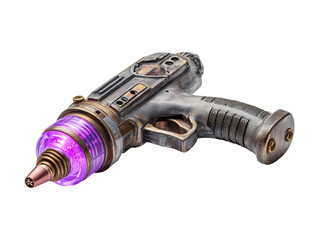Steampunk ray gun pistol with purple glowing nozzle isolated on transparent or white background, png