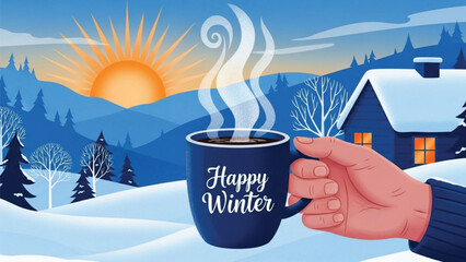 A hand holding a steaming mug that says happy winter in a snowy winter landscape with a rising sun over blue mountains and a cabin.