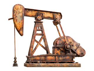 Rusty oil pump jack isolated on transparent or white background, png