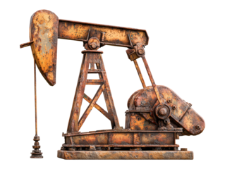 Rusty oil pump jack isolated on transparent or white background, png