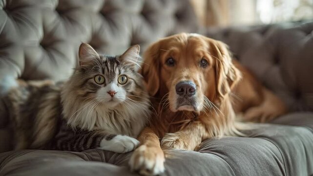 a cat and a dog are lying next to each other on a couch together peacefully