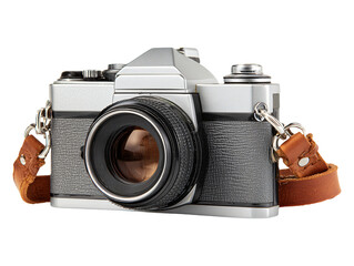 Vintage analog camera with leather strap isolated on transparent or white background, png