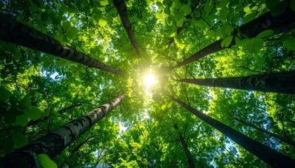 Obraz premium Sunlight Through Tall Trees with Green Leaves in Forest Canopy