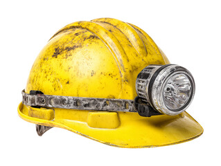 Dirty yellow hard hat with mining lamp isolated on transparent or white background, png