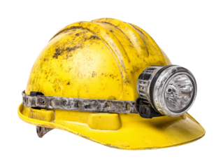 Dirty yellow hard hat with mining lamp isolated on transparent or white background, png