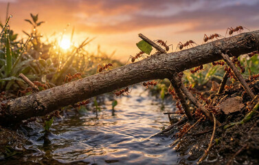 A swarm of ants is carrying leaves up a branch at sunset.