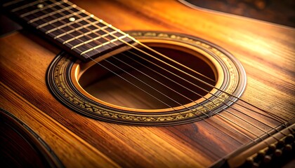 Fototapeta premium Primer plano de guitarra acústica con roseta y cuerdas sobre madera natural