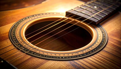 Obraz premium Detalle centrado de la roseta y cuerdas de guitarra acústica en madera natural