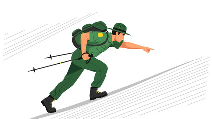 Focused Park Ranger Hikes Uphill Pointing Towards a Landmark With Backpack