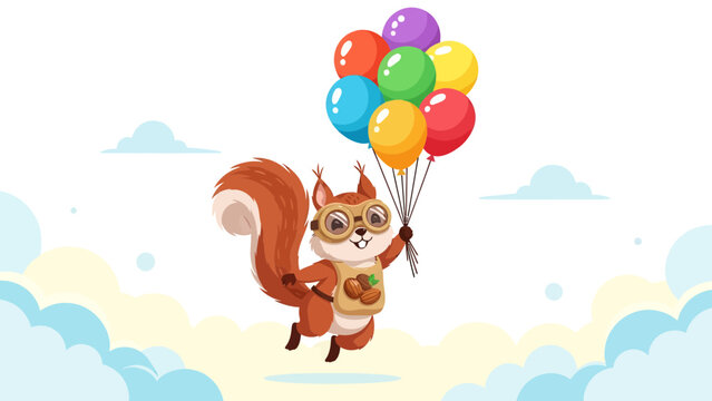 Funny Squirrel Flying With Colorful Balloons Adventure in the Sky Cartoon Style