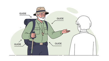 Friendly Hiking Guide Explaining the Route to Tourist Vector Illustration